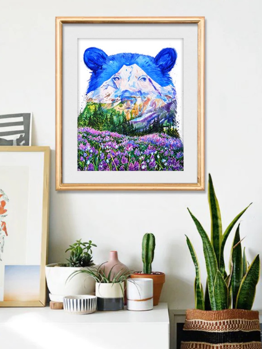 Elena Markova Blue Bear Mountain Art Print - Purple & Green Floral Landscape